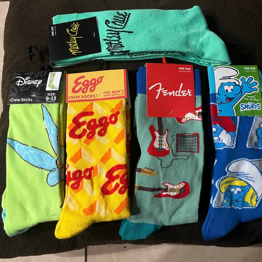 Disney, Eggo, Fender, and Smurfs Themed Socks Set
